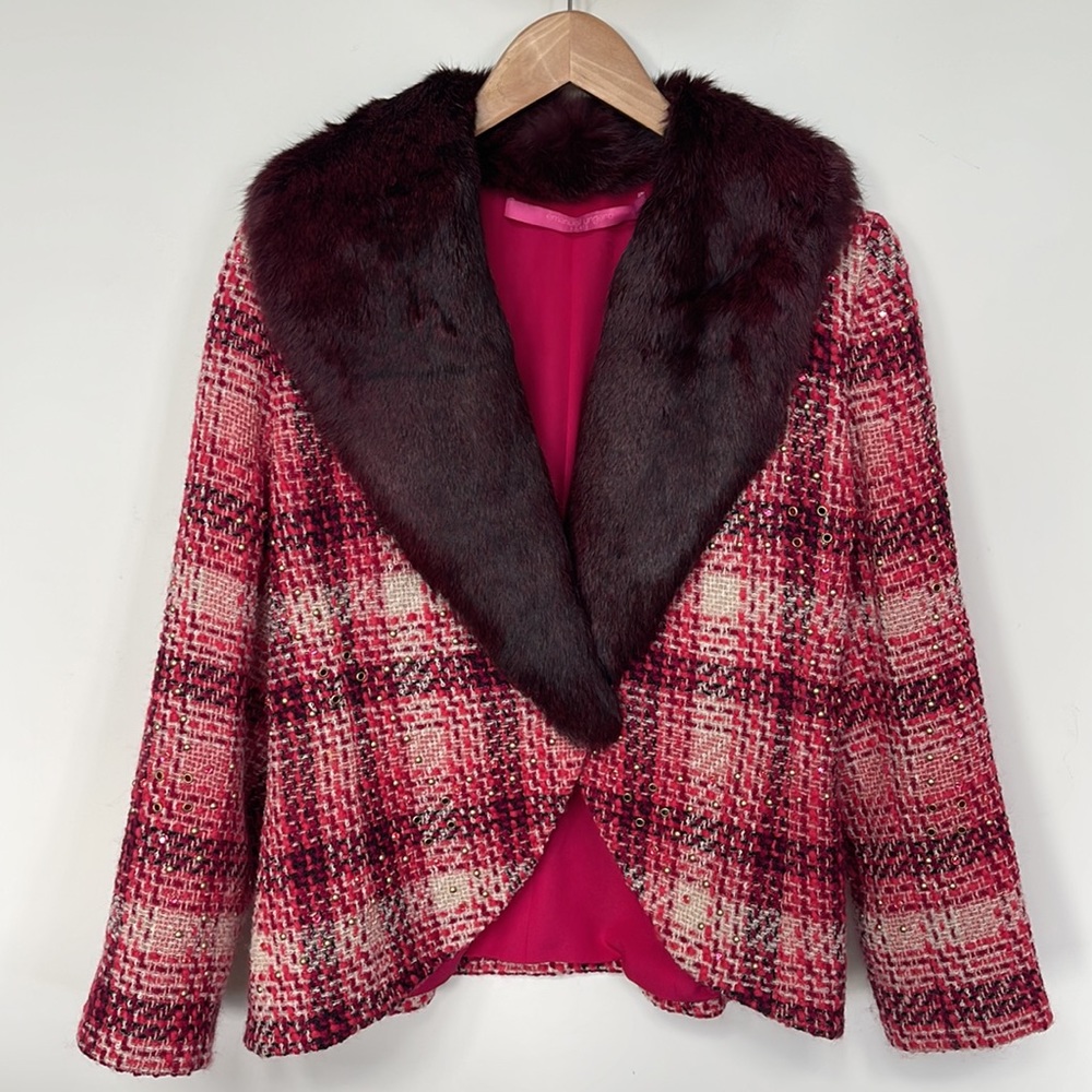 Emanuel Ungaro Wool Rabbit Hair Boucle Plaid Blazer Pink Fully Lined Size XL